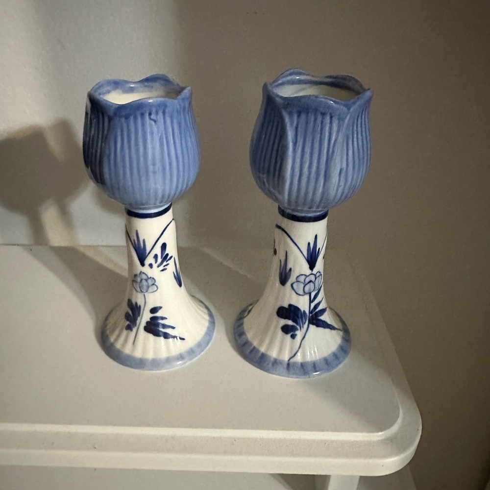 Blue Delft Ceramic Candlestick Holder Pair